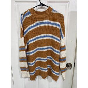 American Eagle Sweater size S - Striped Tan Blue White Waffle Knit Crew Neck Pul